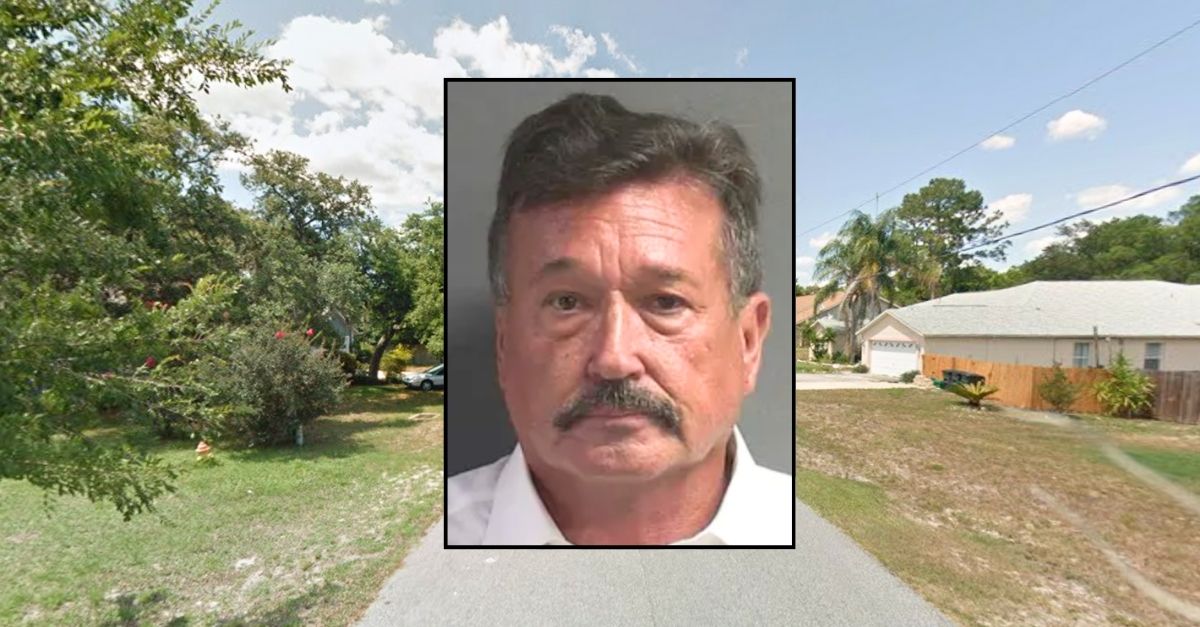Inset: Michael Maguire (Volusia County Sheriff's Office). Background: The neighborhood in Florida where Michael Maguire lives and was arrested for allegedly making threats (Google Maps). 
