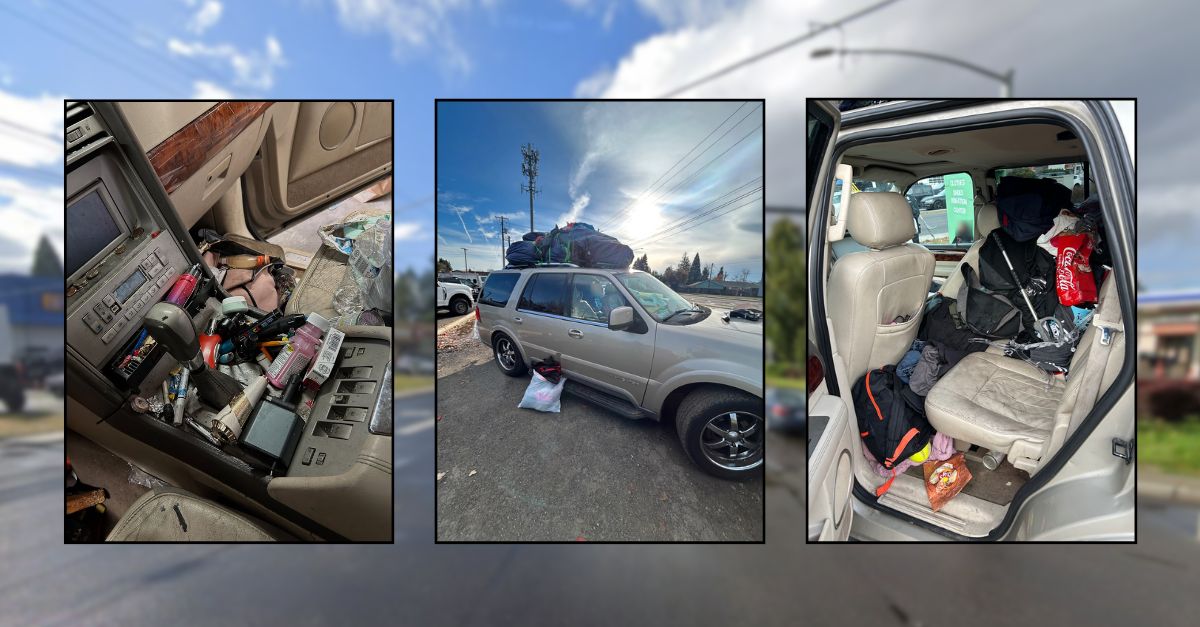 Background: Intersection in Vancouver, Washington, where police officers say they found five children living in unsafe conditions inside a vehicle (Google Maps). Insets: Images of the vehicle where officers say they found five children living in unsafe conditions (Vancouver (Wash.) Police Department).