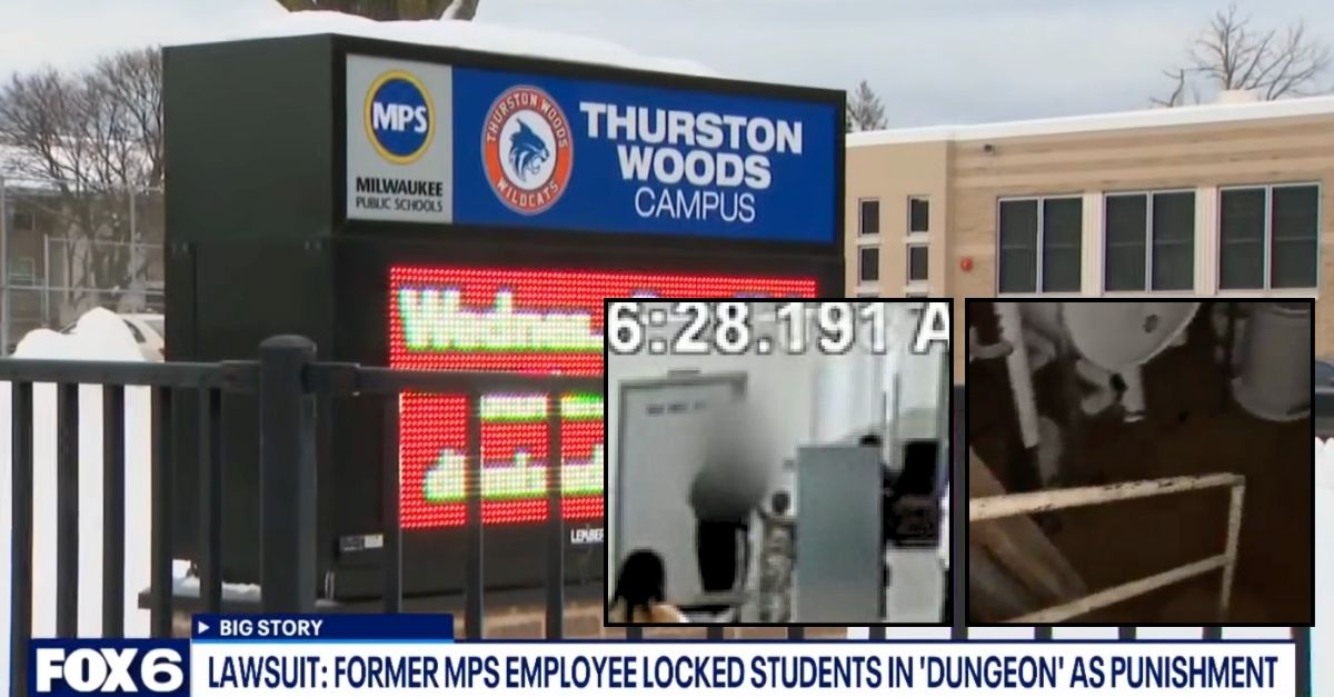 Left inset: Security footage that allegedly shows a Milwaukee Public Schools employee grabbing a student and placing him in a boiler room as punishment (Drew DeVinney). Right inset: The boiler room aka "dungeon" where Milwaukee Public Schools students were allegedly placed as punishment (Drew DeVinney). Background The Thurston Woods Campus in Milwaukee, Wis., where staffers allegedly locked children in the school