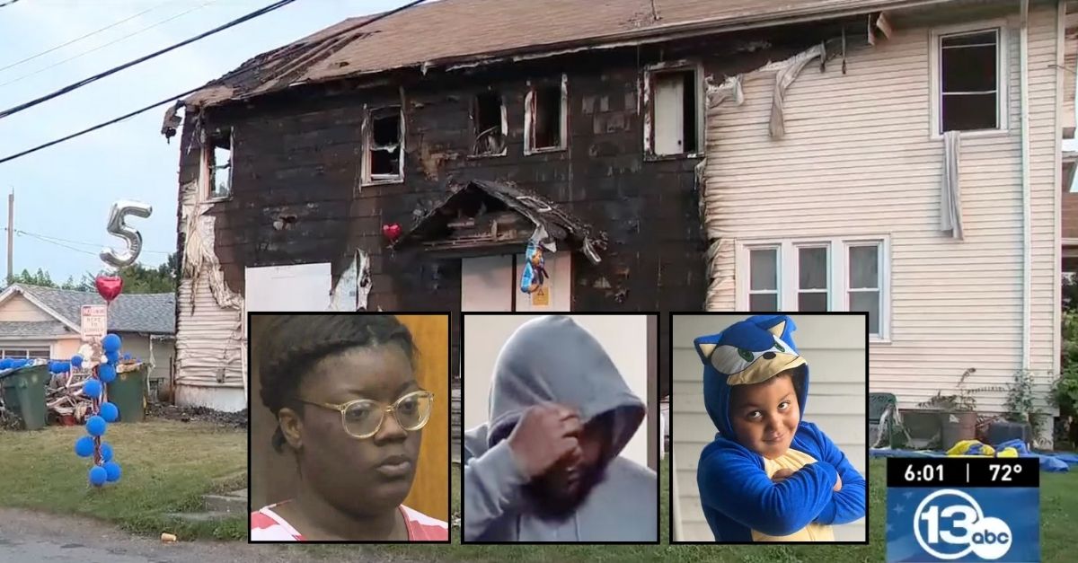 Left inset: Tiakayla Hendrix (WHAM/YouTube). Center inset: Roy Chambers (WHAM/YouTube). Right inset: Malakai Stovall (GoFundMe). Background: The New York home that was set on fire by Tiakayla Hendrix's sister, killing 5-year-old Malakai Stovall, while Tiakayla and Roy Chambers kept a lookout (WHAM/YouTube).