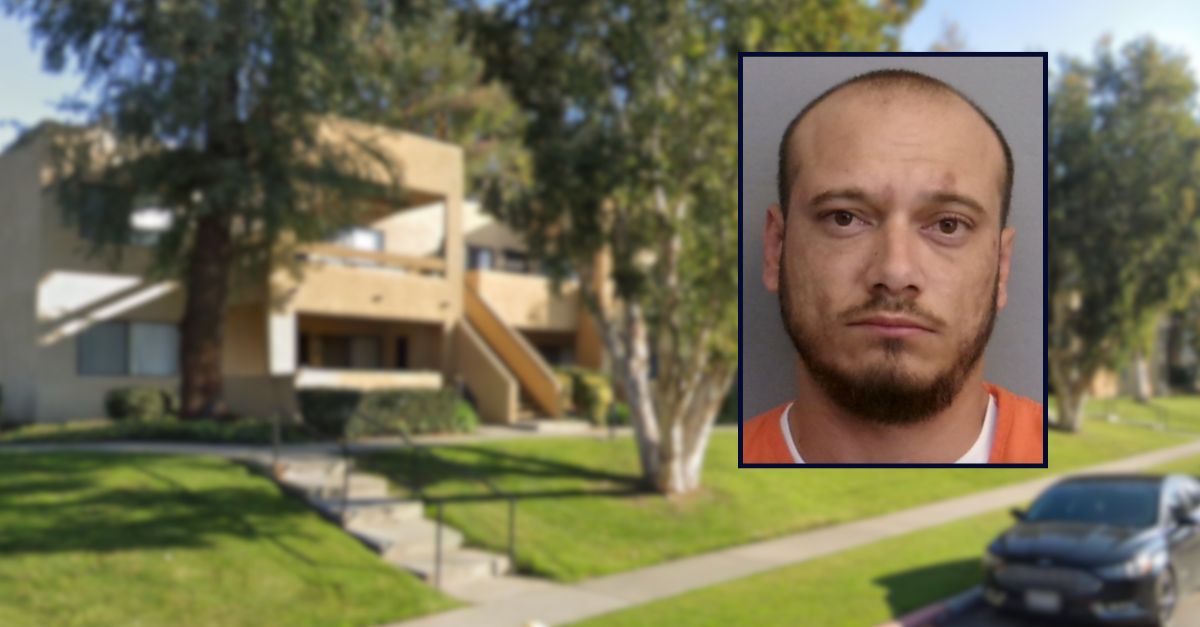Zackary Brodowski appears in a booking photo inset against an image of an apartment complex in California.