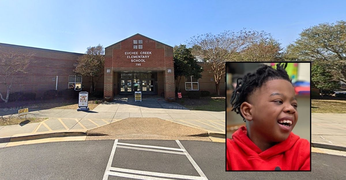 Inset: Aa'Dyen Hooks (WRDW/YouTube). Background: The Georgia elementary school where Aa'Dyen Hooks had his "severe" seizure after allegedly being given an iPad against his mom and doctor's wishes (Google Maps).