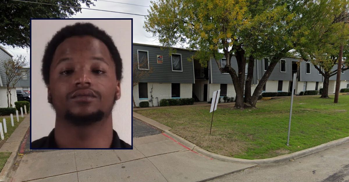 Alfred Williams appears in a booking photo inset against an image of an apartment complex in Texas.
