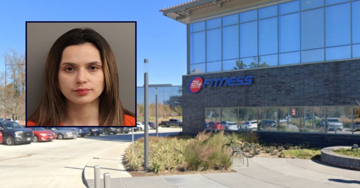Aralyn Martinez appears in a booking photo inset against an image of a chain gym in Texas.