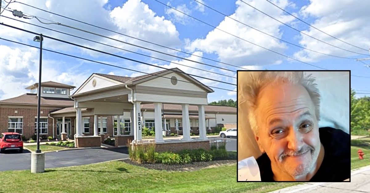 Inset: Charles Brush (Michael Hill Trial Law). Background: Avenue at Broadview Heights Care and Rehabilitation Center in Broadview Heights, Ohio, where Charles Brush's family says he was secretly isolated and "confined" after contracting a highly contagious "fungal infection" (Google Maps).