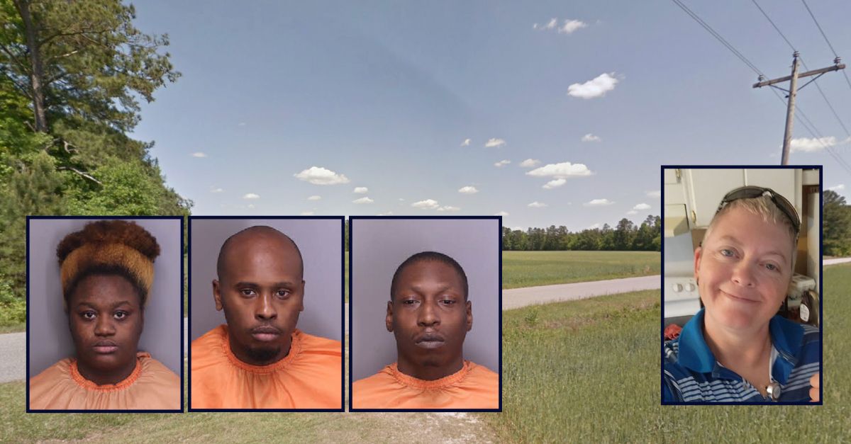 Iryanna Fleming, Daquinn Thomas, and Nikko Carraway appear in booking photos from left to right; Dana Kinlaw appears in a photo on the far right; inset against an image of a rural road in South Carolina.