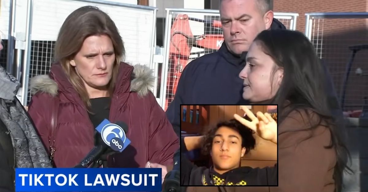 Inset: Jaedon Bovell (TikTok). Background: Michelle Ortiz speaking to reporters outside Delaware Superior Court where her wrongful death lawsuit is being weighed by a judge (WPVI/YouTube).