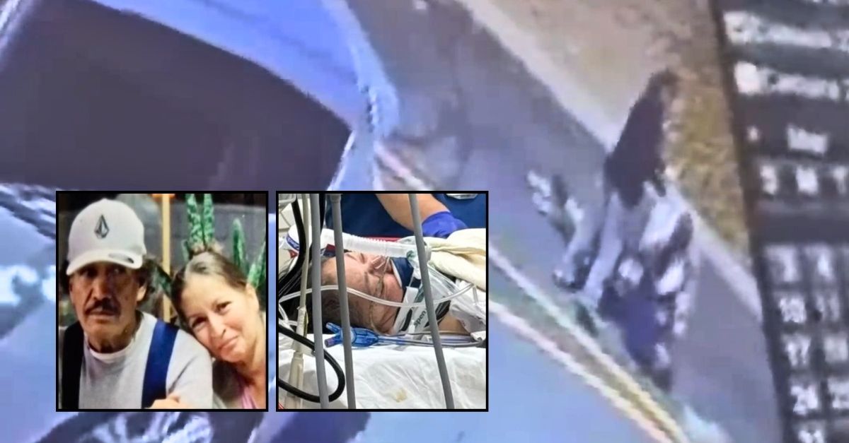 Left inset: Jose Juan Rangel and Maria Vargas Luna (KCAL/YouTube). Right inset: Maria Vargas Luna in the hospital following the attack at McDonald