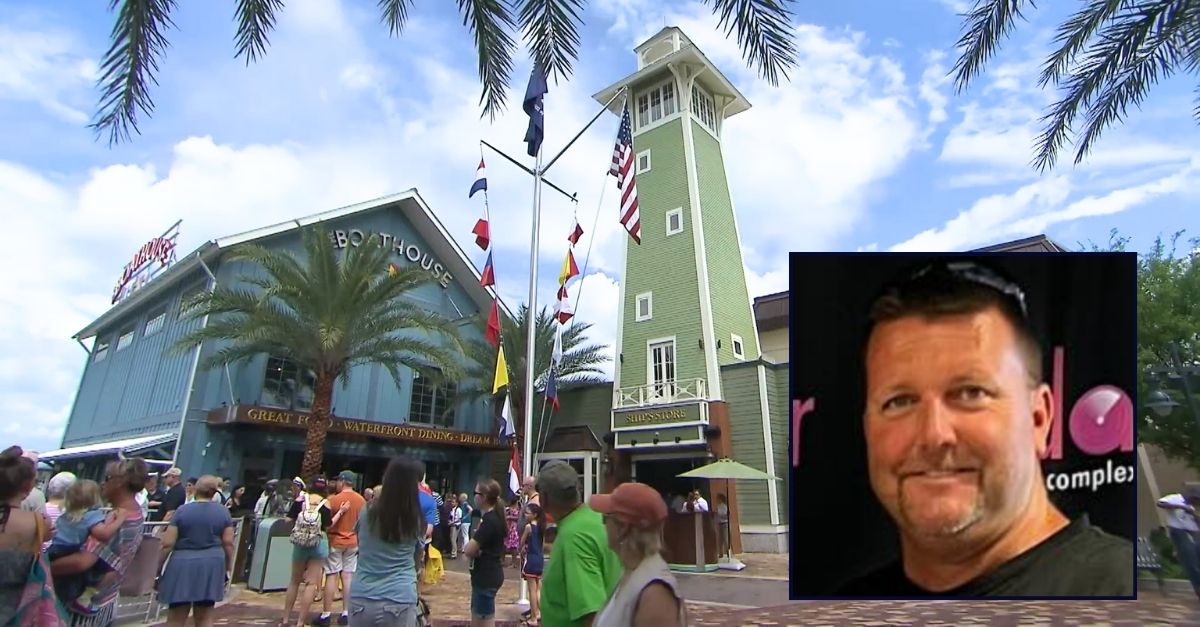 Inset: Kevin Duncan (Facebook/Radar Dance Complex OCALA). Background: The Boathouse restaurant at Disney Springs in Orlando, Fla., where Kevin Duncan fatally choked on a piece of steak (Disney Parks/YouTube). 