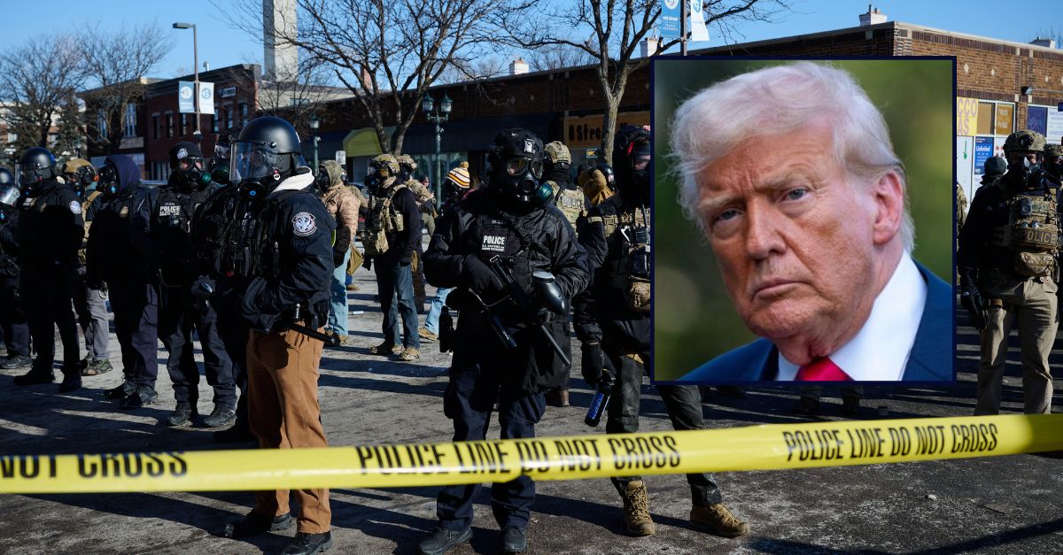 Donald Trump appears inset against an image of ICE agents in Minneapolis.