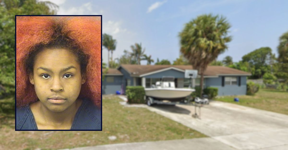 VIctoria Webb appears in a booking photo inset against an image of a house in Florida.