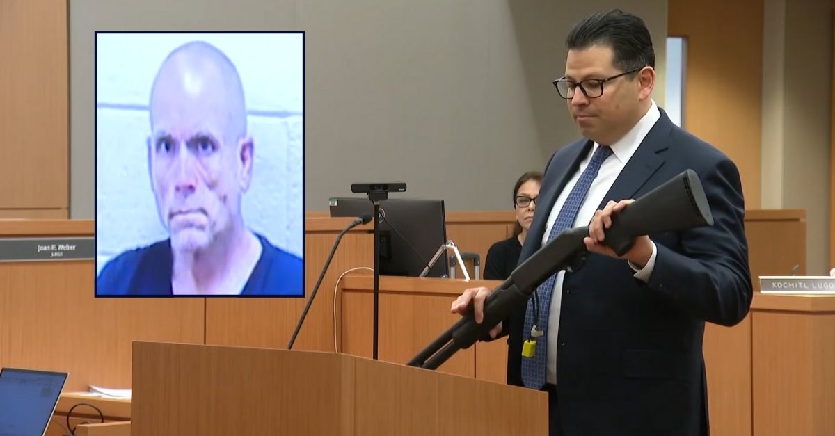Inset: William Bushey. Background: William Bushey's shotgun that he used to blast his mom, sister and nephew being shown in court (KFMB/YouTube).
