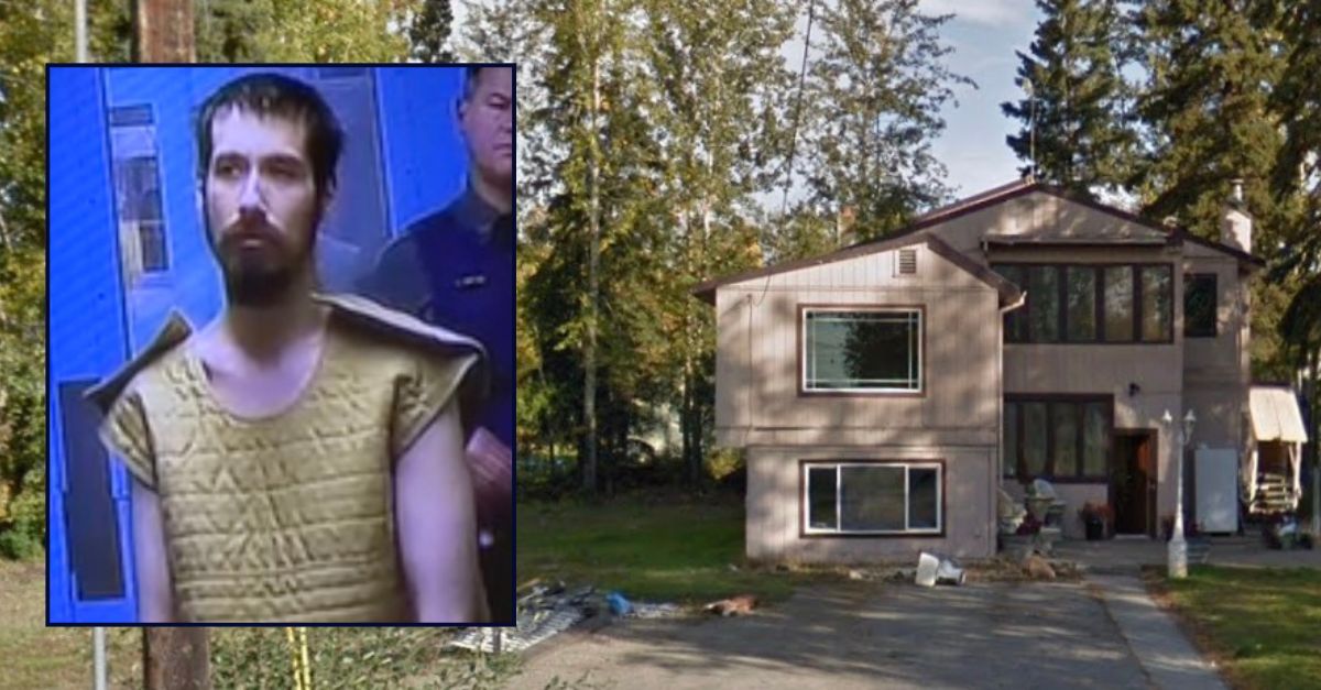 Inset: Brian J. Davenport appears in court on Jan. 20 (KTUU). Background: The home where Davenport allegedly killed his grandmother (Google Maps).