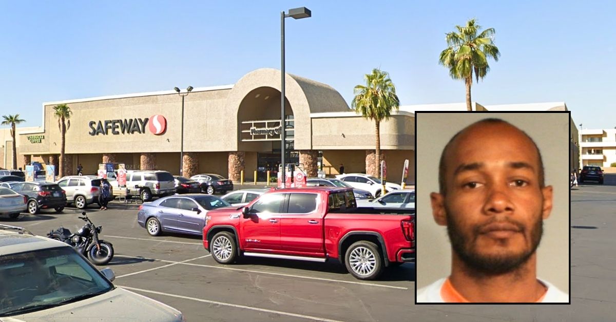 Inset: Damian Mitchell (Arizona Department of Corrections, Rehabilitation and Reentry). Background: The Safeway grocery store in Phoenix where Damian Mitchell purchased a paring knife that he used to stab a man outside (Google Maps). 