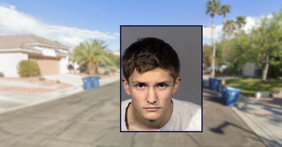 Ethan Goin appears in a booking photo inset against an image of a residential street in Las Vegas, Nevada.