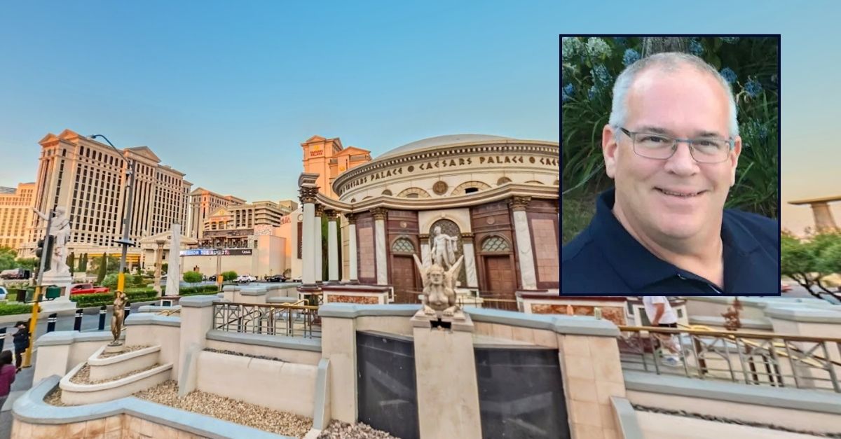 Inset: Gary Perrin (Care Cremation and Burial). Background: Caesars Palace in Las Vegas, where Gary Perrin allegedly fell deathly ill (Google Maps).