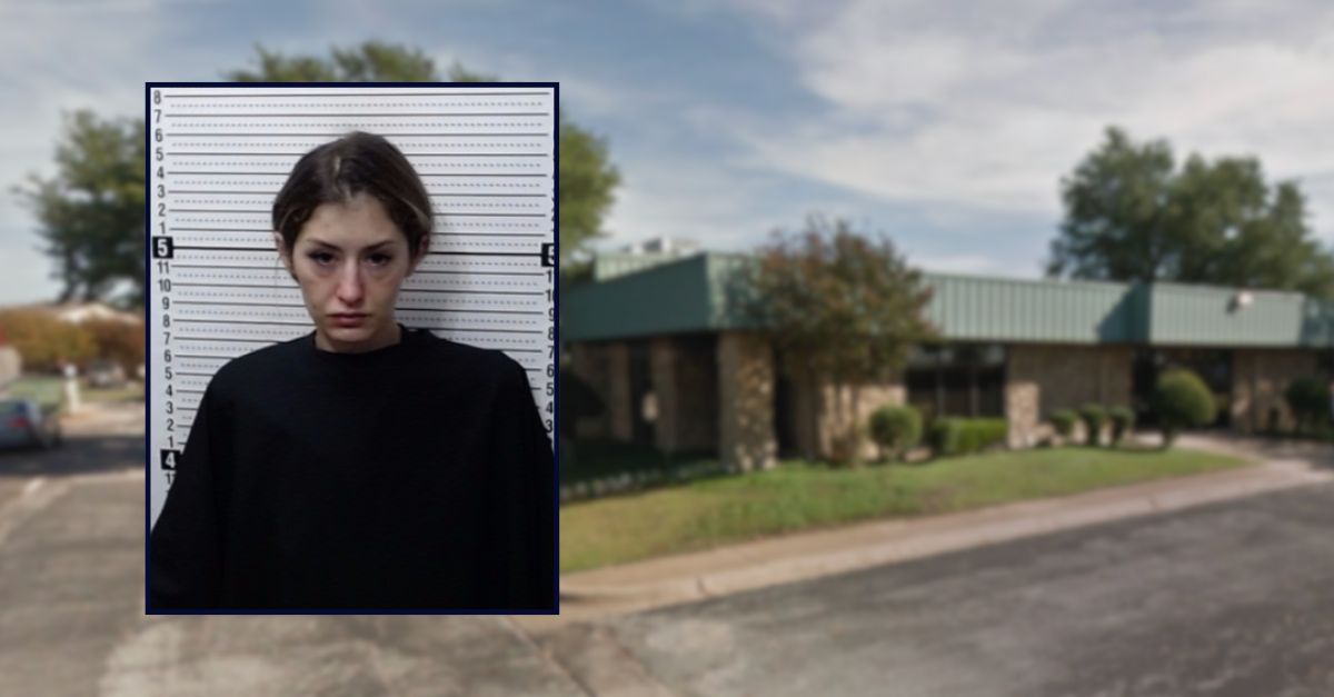 Kelly Buck appears in a booking photo inset against an image of a medical strip mall in Texas.