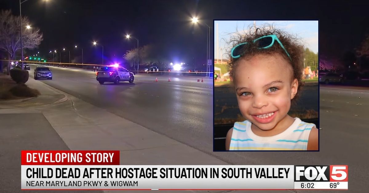 Inset: Kentre Baker (GoFundMe). Background: Police at the Las Vegas apartment complex where they say Kentre Baker, 3, was shot and killed by his father (KVVU/YouTube).