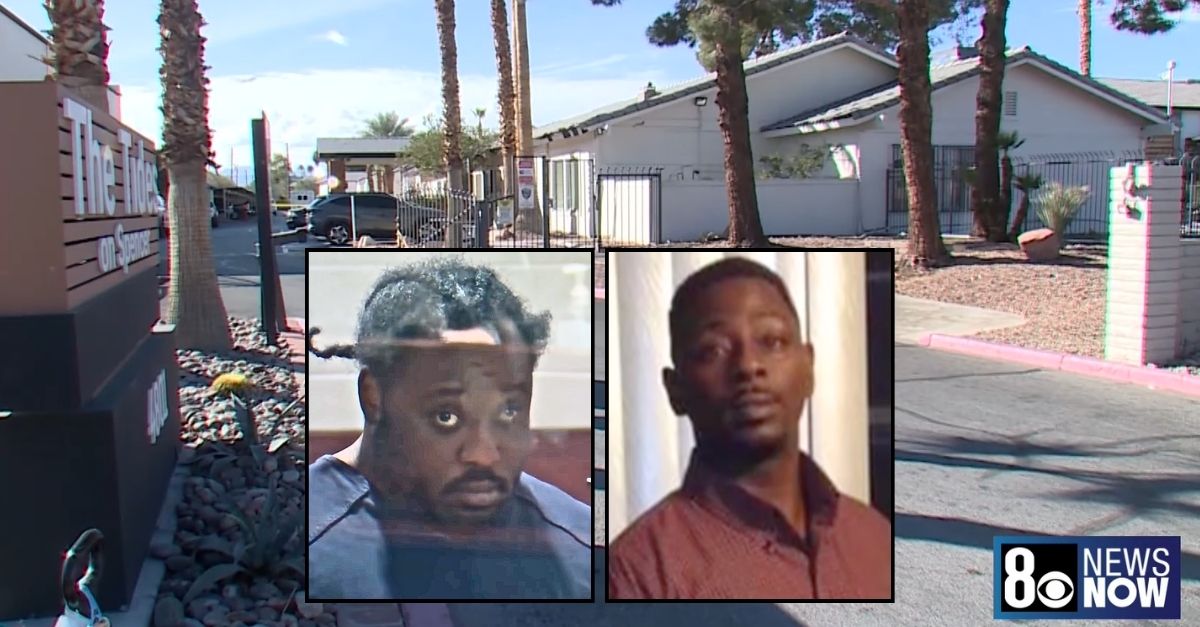 Mychael Thompson (KLAS/YouTube). Right inset: Antwon Watson (KSNV/YouTube). Background: The Las Vegas flat analyzable wherever Mychael Thompson allegedly changeable and killed his longtime pal and "roommate" Antwon Watson (KLAS/YouTube).