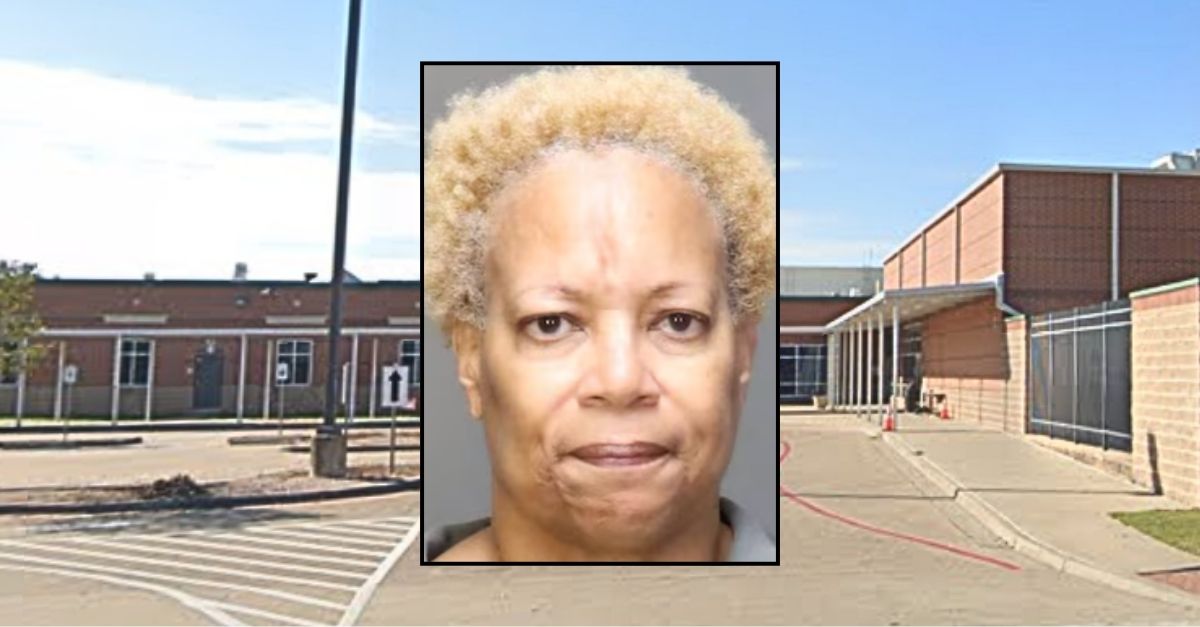 Inset: Pamela Mitchell (McLennan County Sheriff's Department). Background: The Texas elementary school where kindergarten teacher Pamela Mitchell allegedly injured a child after they broke a pencil (Google Maps).