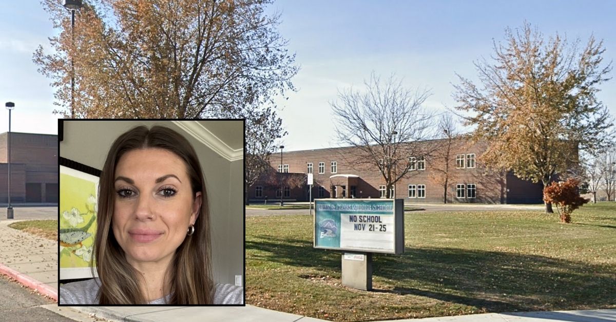 Inset: Sarah Inama (Idaho Education News). Background: The Idaho school where social studies teacher Sarah Inama hung up her "Everyone is Welcome Here" poster that was banned by district officials (Google Maps).