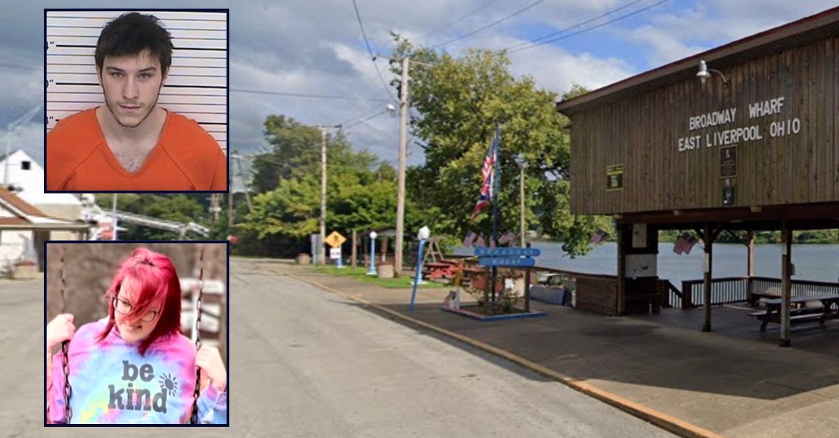 Inset, top to bottom: Cameron Martin (Columbia County Sheriff's Office) and Stephanie Hightower (WTOV). Background: The Ohio parking lot where Martin allegedly killed Hightower (Google Maps).