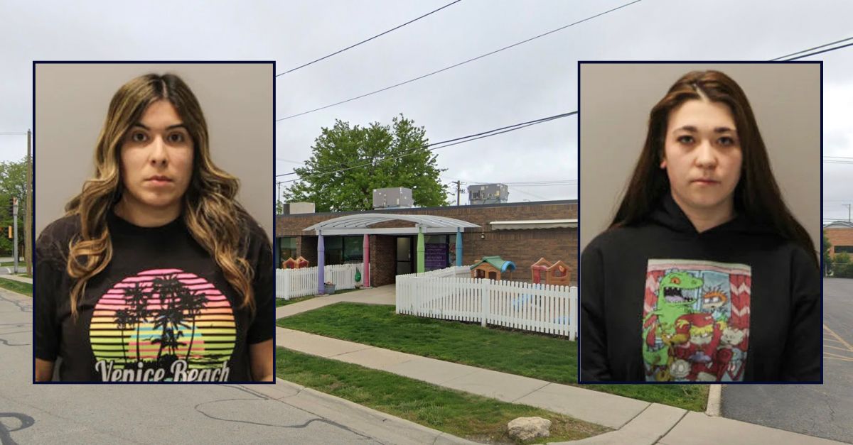 Inset, left to right: Jessica Murillo and Izabella Thompson (Des Plaines Police Department). Background: The Illinois day care where Murillo and Thompson allegedly battered several kids (Google Maps).