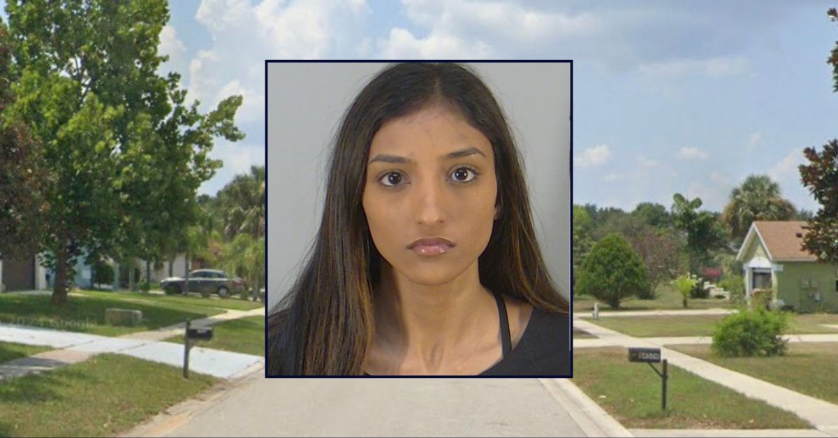 Inset: Arianna Selina Gajraj (Lake County Sheriff's Office). Background: The Florida road where Gajraj's friend was shot at 21 times (Google Maps).