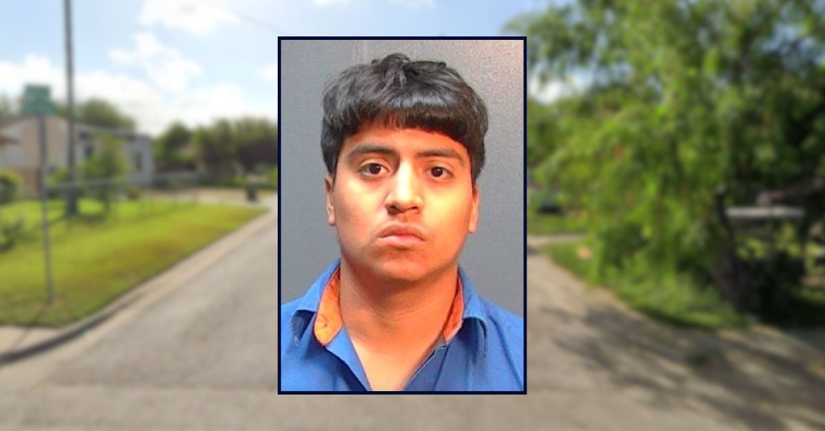 Diego Longoria appears in a booking photo inset against a residential street in Texas.