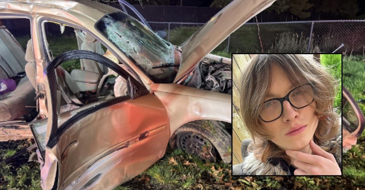 Inset: Crash victim Jackson Greenfell (GoFundMe). Background: The Chevrolet Malibu that Oscar Regis was allegedly driving "recklessly" when he killed passenger Jackson Greenfell (Hillsboro Police Department).