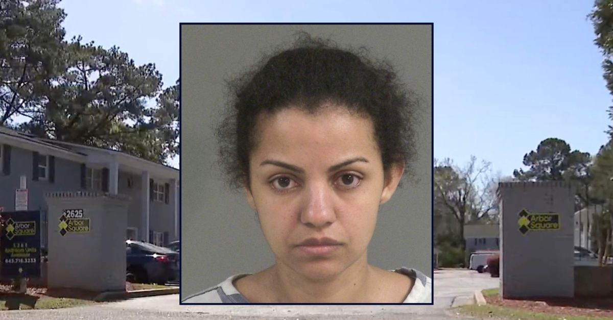 Inset: Janaina P. Ferreira (North Charleston Police Dept.). Background: The South Carolina apartment complex where Ferreira allegedly ran an illegal day care (Google Maps)