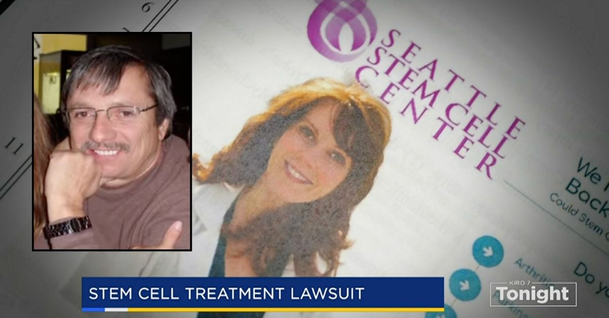 Inset: Michael Trujillo (KING/YouTube). Background: Advertisement materials included in the lawsuit filed against the Seattle Stem Cell Center and owner Dr. Tami Meraglia by Michael Trujillo's family (KIRO). 