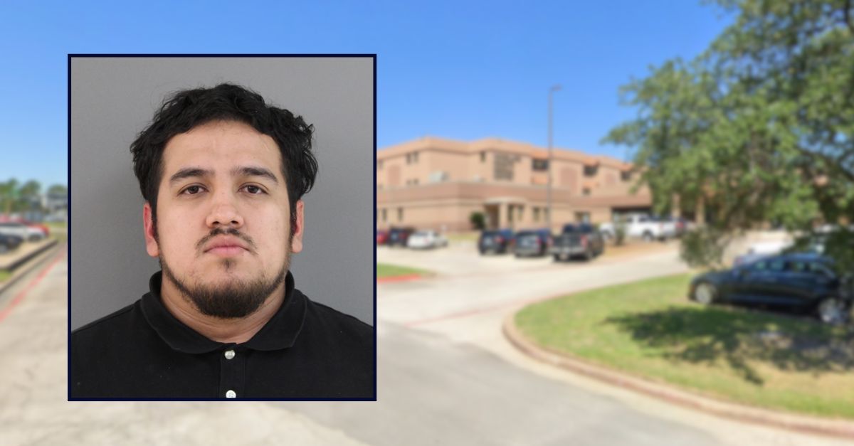 Miguel Santiago Gonzalez appears in a booking photo inset against an image of a hospital in Texas.