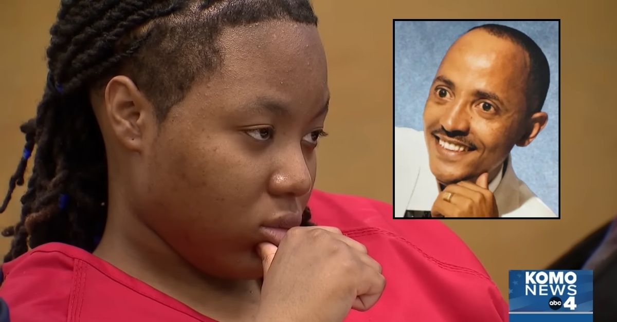 Inset: Amare Geda (GoFundMe). Background: Neiana Allen-Bailey in court for her sentencing (KOMO/YouTube).