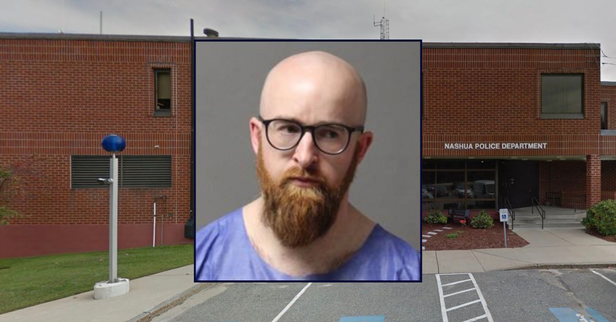 Inset: Drew Babcock (Nashua Police Dept.). Background: The Nashua Police Department (Google Maps).