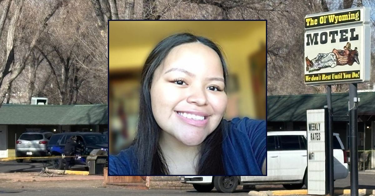 Inset: Angelina Rose Bell (Davis Funeral Home). Background: The Wyoming hotel where Bell was killed last weekend (Riverton Police Department).