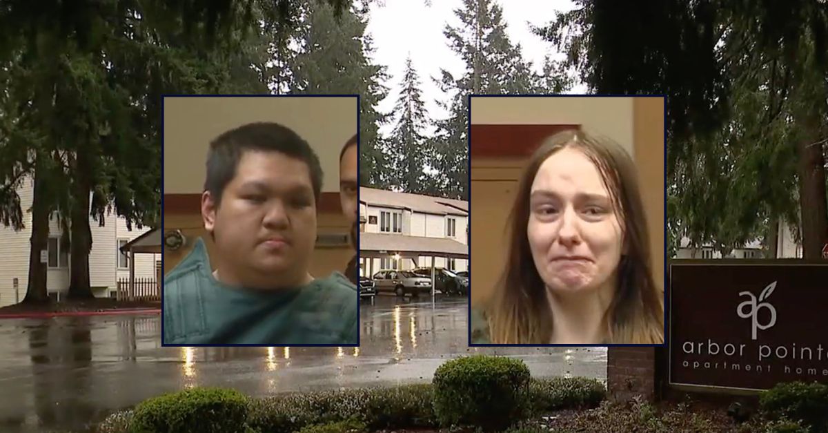 Inset, left to right: Mark Anthony Labaco Clamor and Alyssa Jade Vanderbeck in court on March 12 (KOMO). The apartment complex where the couple lived with their newborn son (KOMO).