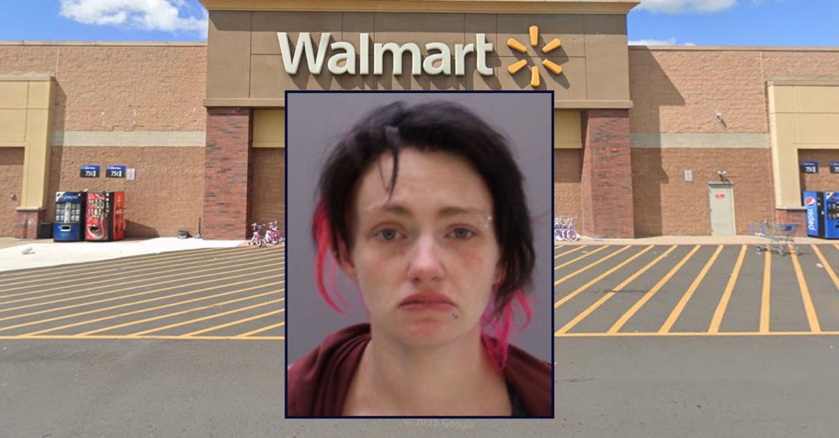 Inset: Samantha E. Fletcher (Tullytown Police Dept.). Background: The Walmart where Fletcher allegedly knocked her child unconscious (Google Maps).