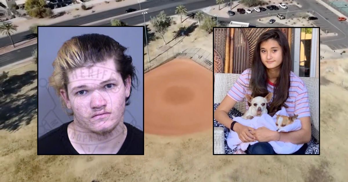 Inset, left to right: Jayden M. Frost (MCSO) and Maggie Williams (KPNX). Background: The baseball field in Arizona where Williams
