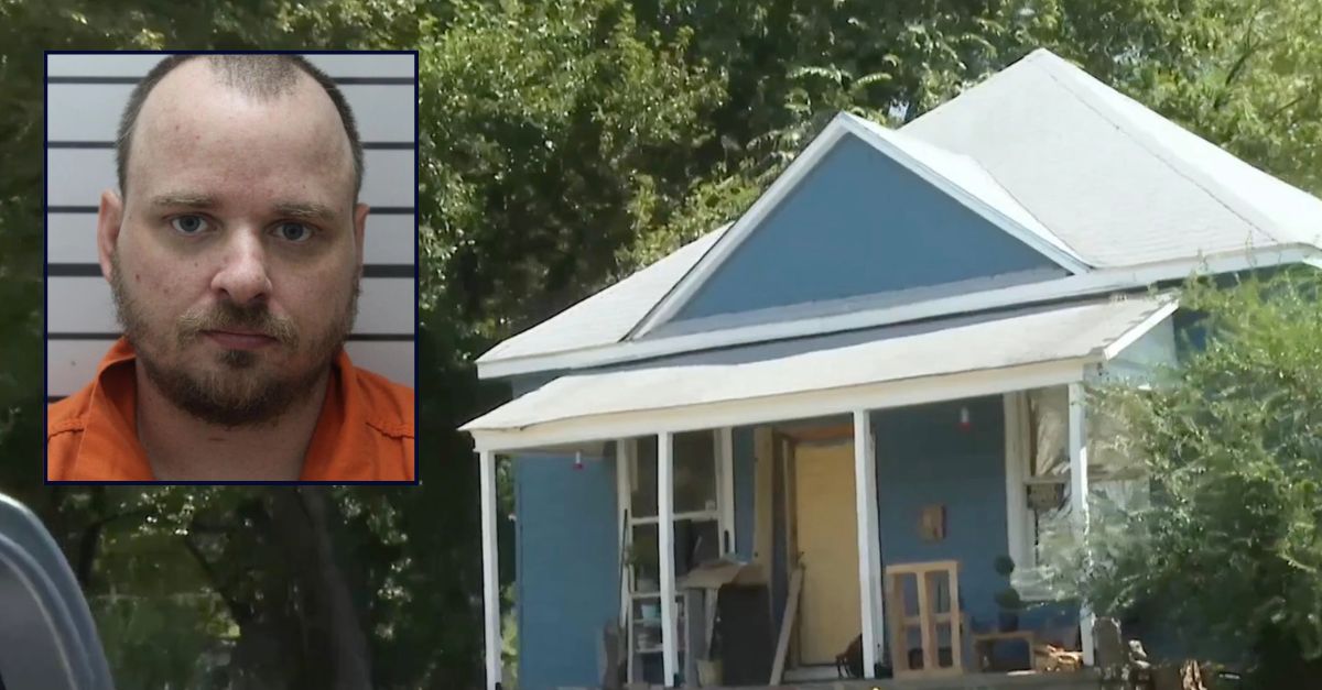 Inset Dustin J. Walker (Muskogee County Sheriff's Office). Background: The home where the Walkers' 11-year-old stepdaughter gave birth last year (KJRH).