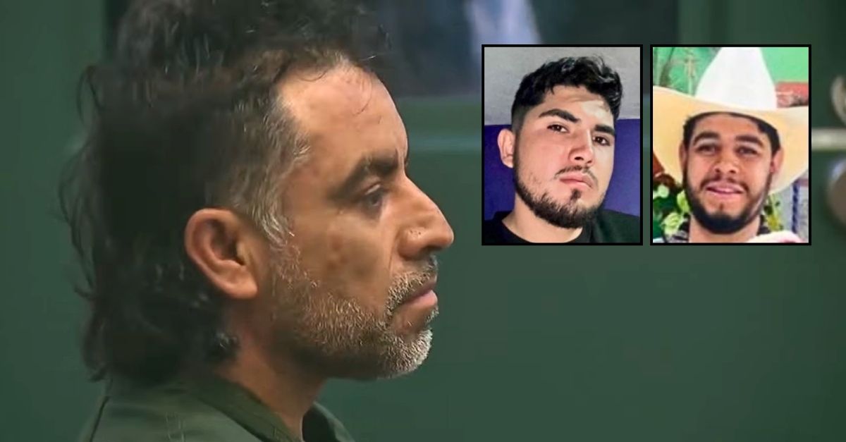 Left inset: Cristian Segundo. Right inset: Serjio Segundo. Background: Andres Carrasco-Sanchez in court for allegedly killing cousins Cristian Segundo and Serjio Segundo in Washington state (KATU/YouTube).