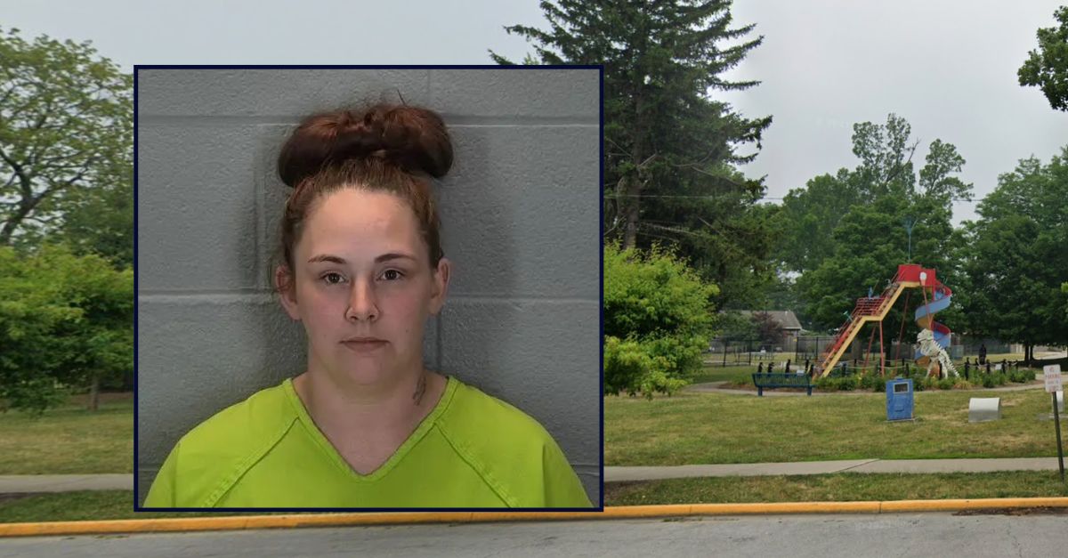 Ashley Maxwell appears successful a booking photograph inset against an representation of a parkland successful Indiana.