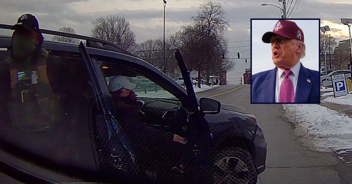 Donald Trump appears inset against an image of masked ICE agents detaining Juan Sebastián Carvajal-Muñoz