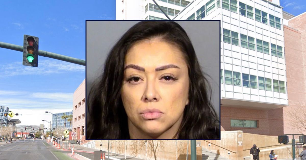 Inset: Cenia Delpozo (Las Vegas Metro Police Dept.). Background: The Clark County Regional Justice Center in Las Vegas, Nevada (Google Maps).