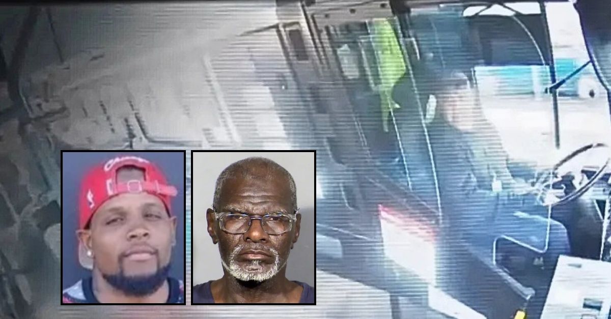 Left inset: Dominique Lucas (GoFundMe). Aaron Cole (Clark County Sheriff's Office). Background: Las Vegas bus driver Marvin Scott allegedly driving down the road while Dominique Lucas was being stabbed to death by Aaron Cole (KLAS/YouTube).