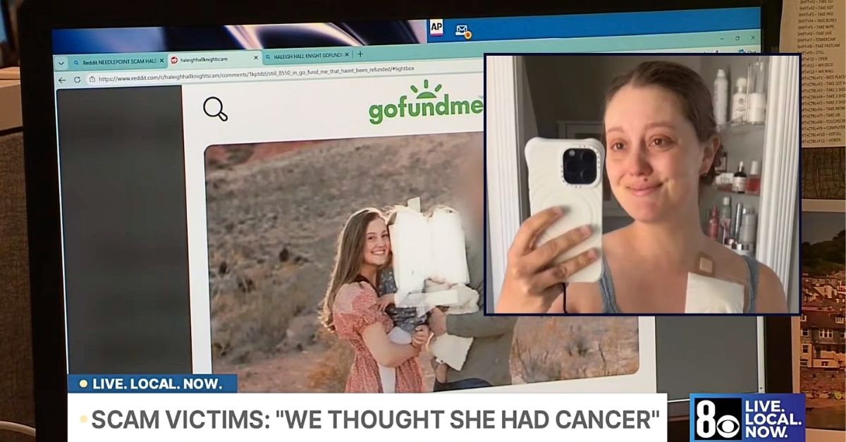 Inset: Haleigh Knight. Background: A GoFundMe that Haleigh Knight's victims say she launched to scam people with a phony cancer diagnosis (KLAS/YouTube). 