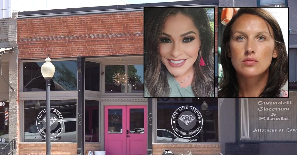 Left inset: Jenifer Cleveland. Right inset: Amber Johnson (KCEN/Freestone County Sheriff's Office). Background: The Texas spa where Jenifer Cleveland was allegedly killed by owner Amber Johnson while receiving "unsafe IV therapy" (KCEN/YouTube).