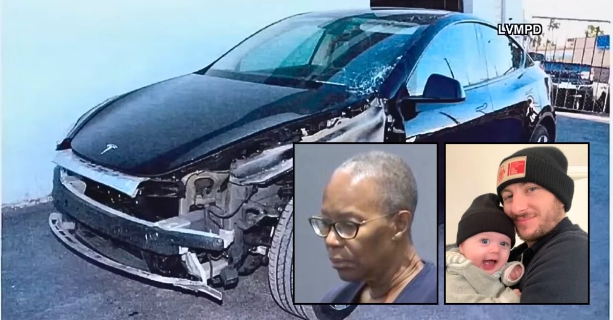  Karren Cannon (KVVU/YouTube). Right inset: Patrick Deloriea (KLAS/YouTube). Background: The Tesla Model Y that Karren Cannon was driving erstwhile   she deed  and killed Patrick Deloriea (Las Vegas Metropolitan Police Department). 