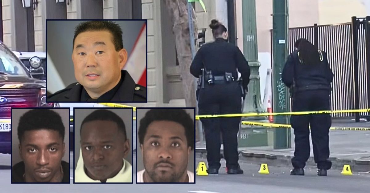 Insets, top to bottom clockwise: Kevin Nishita, Laron Gilbert, Hershel Hale and Shadihia Mitchell (Oakland Police Department). Background: The area where Kevin Nishita was killed in Oakland, Calif., by Laron Gilbert, Hershel Hale and Shadihia Mitchell (KPIX/YouTube).