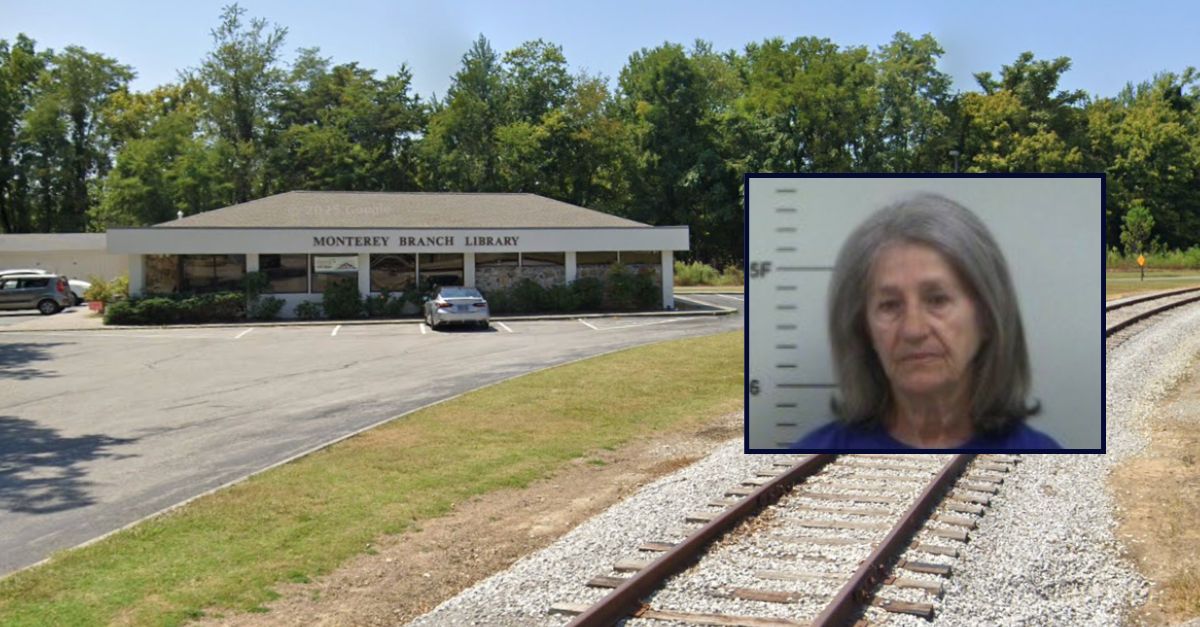 Linda Stevens appears in a booking photo inset against an image of a library in Tennessee.